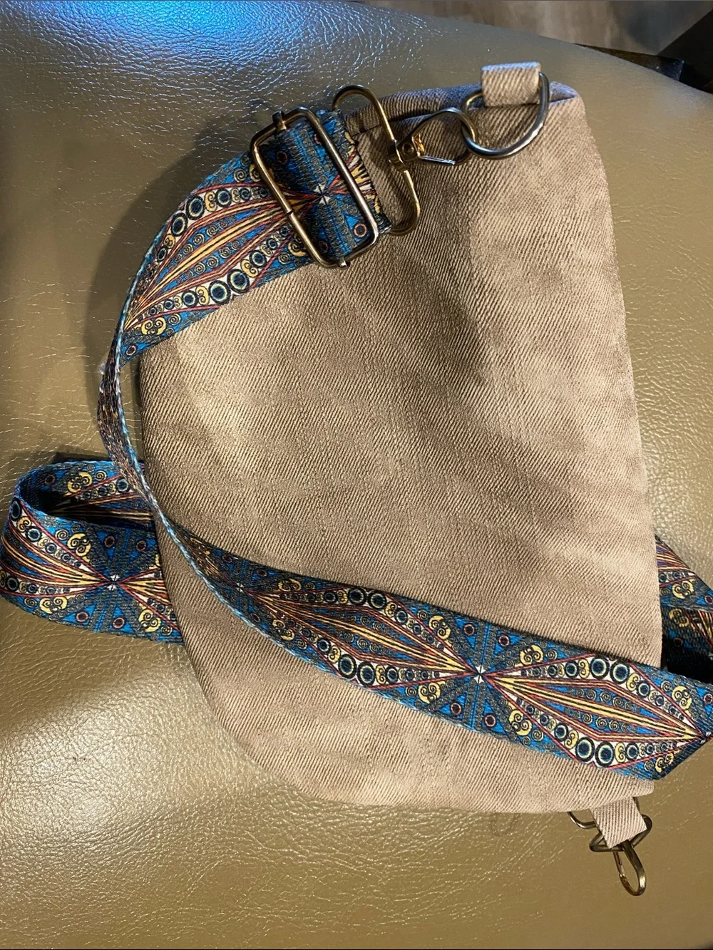 Neutral Taupe Canvas Crossbody with Patterned Adjustable Strap